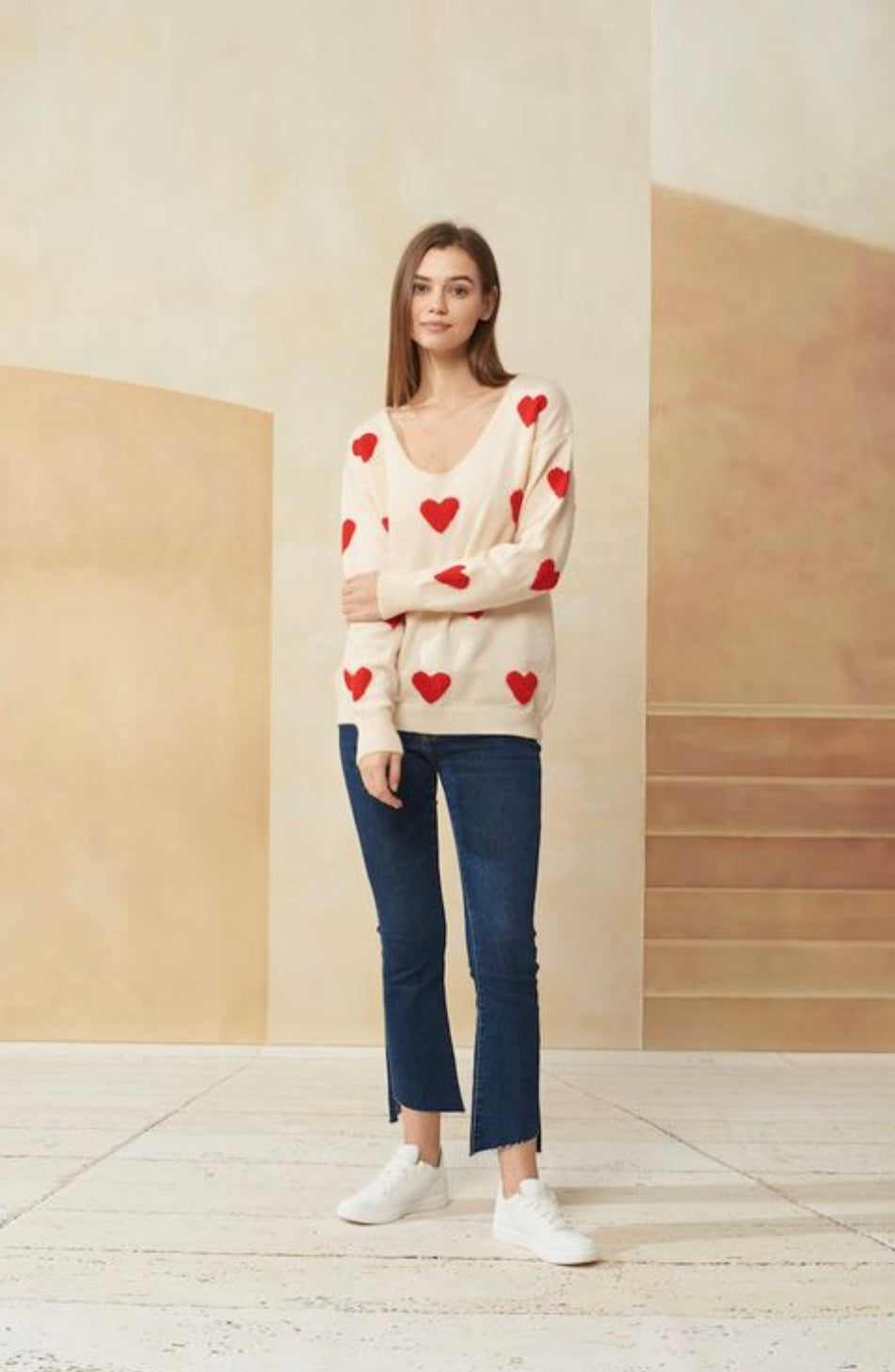 Beige & Red Heart Sweater - One Size