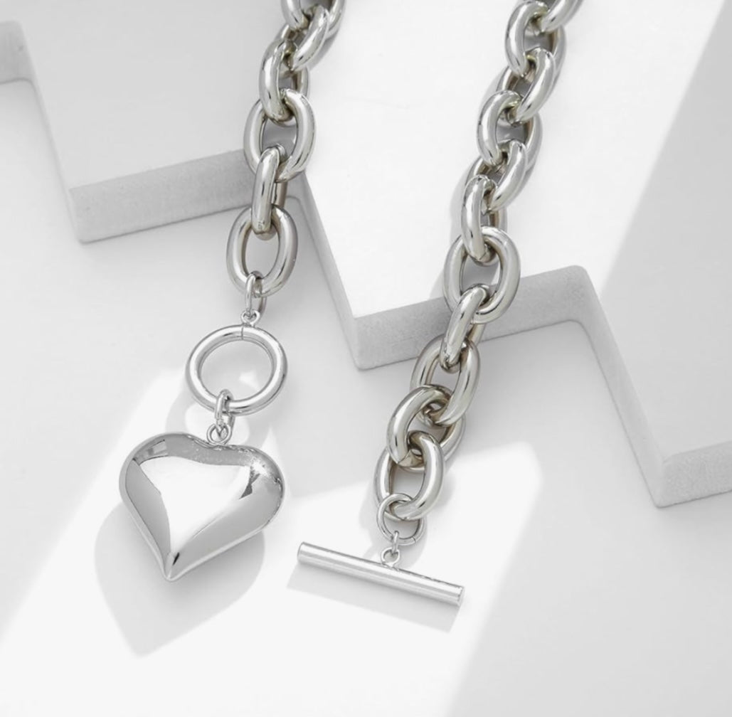 Puffy Heart Chain Choker Necklace - Silver