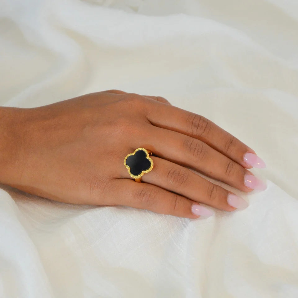 Black Onyx Clover Adjustable Ring Gold