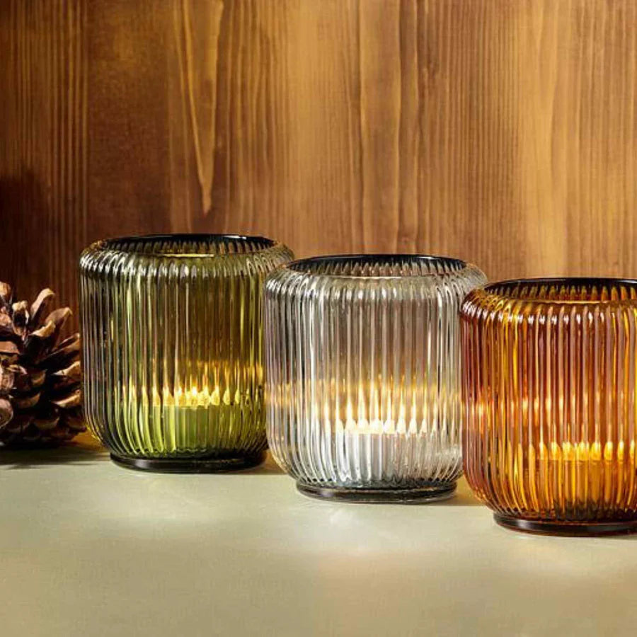 Large Ribbed Votive Holder - Amber