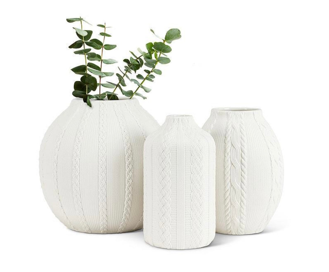 Knit & Cabled Slim Vase - Matte White