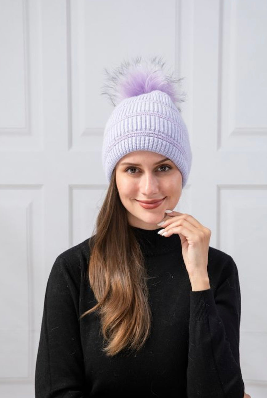 Lavender Stripe Pom Pom Hat