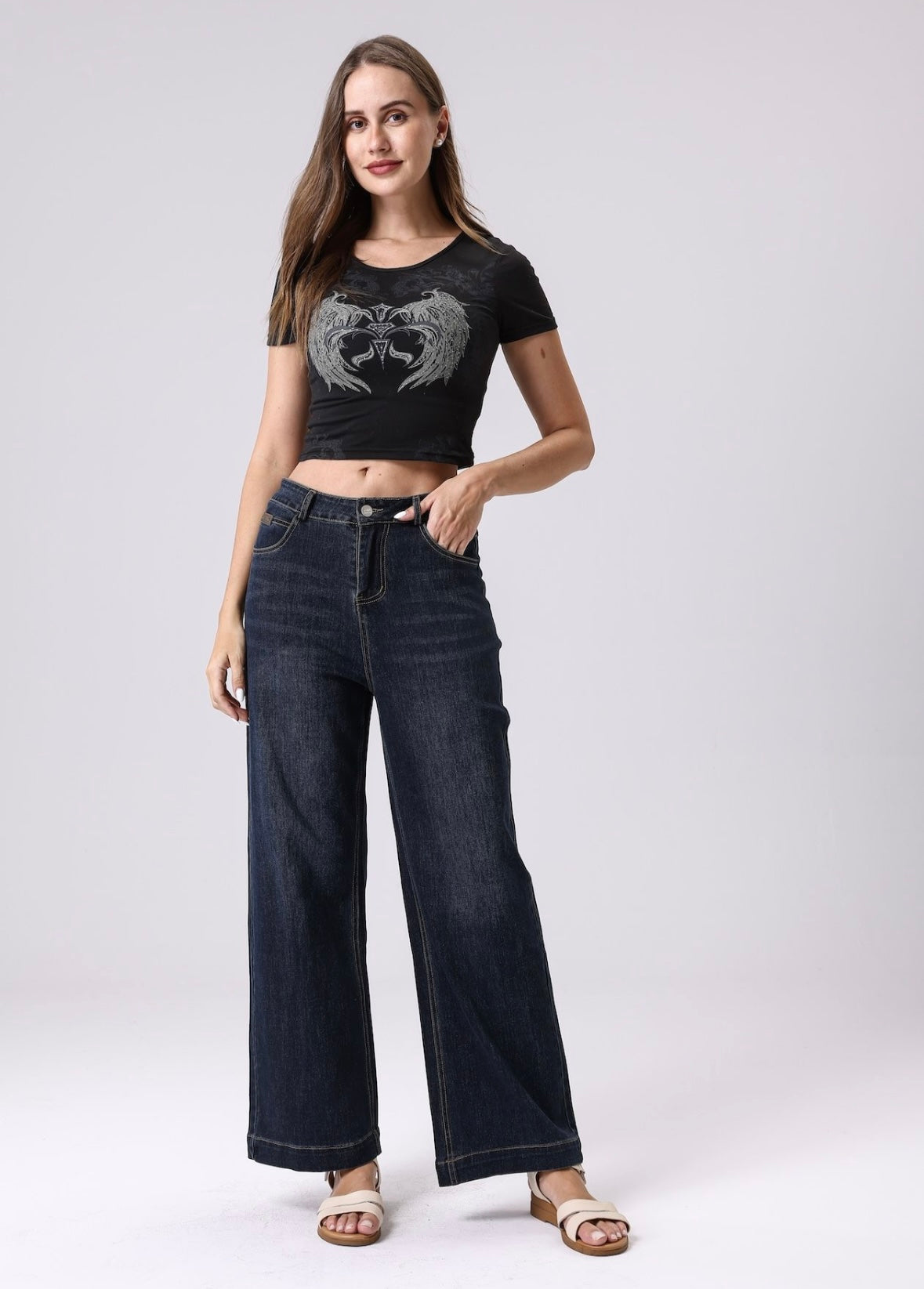 High Rise Wide Leg Denim Jeans - Navy