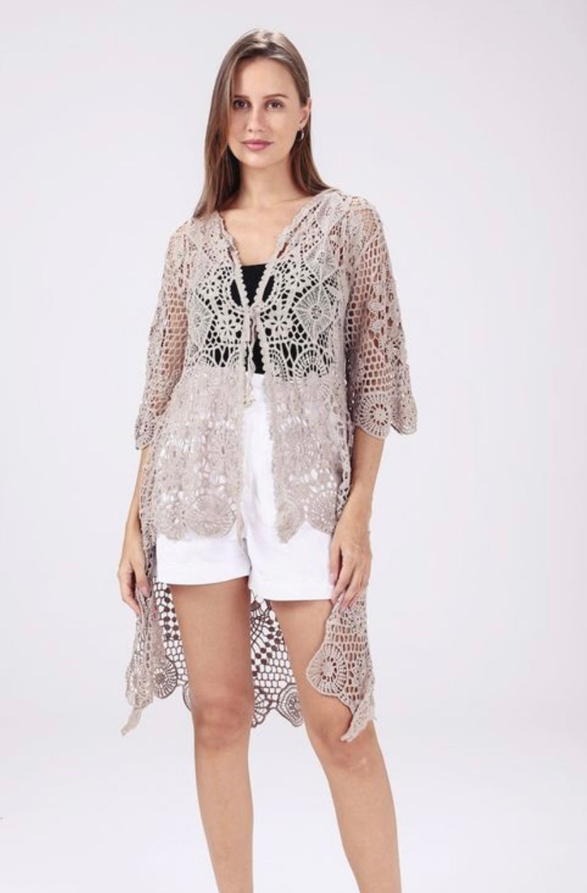 Taupe Crochet Kimono - One Size