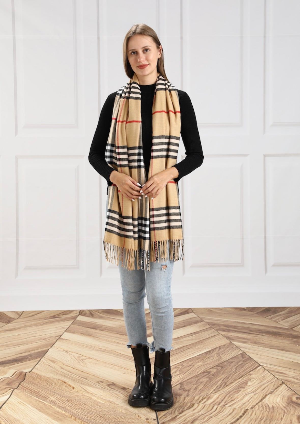 Beige Red & Black Plaid Scarf