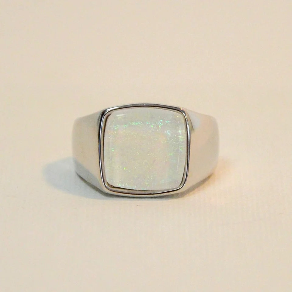 White Resin Square Silver Stretch Ring