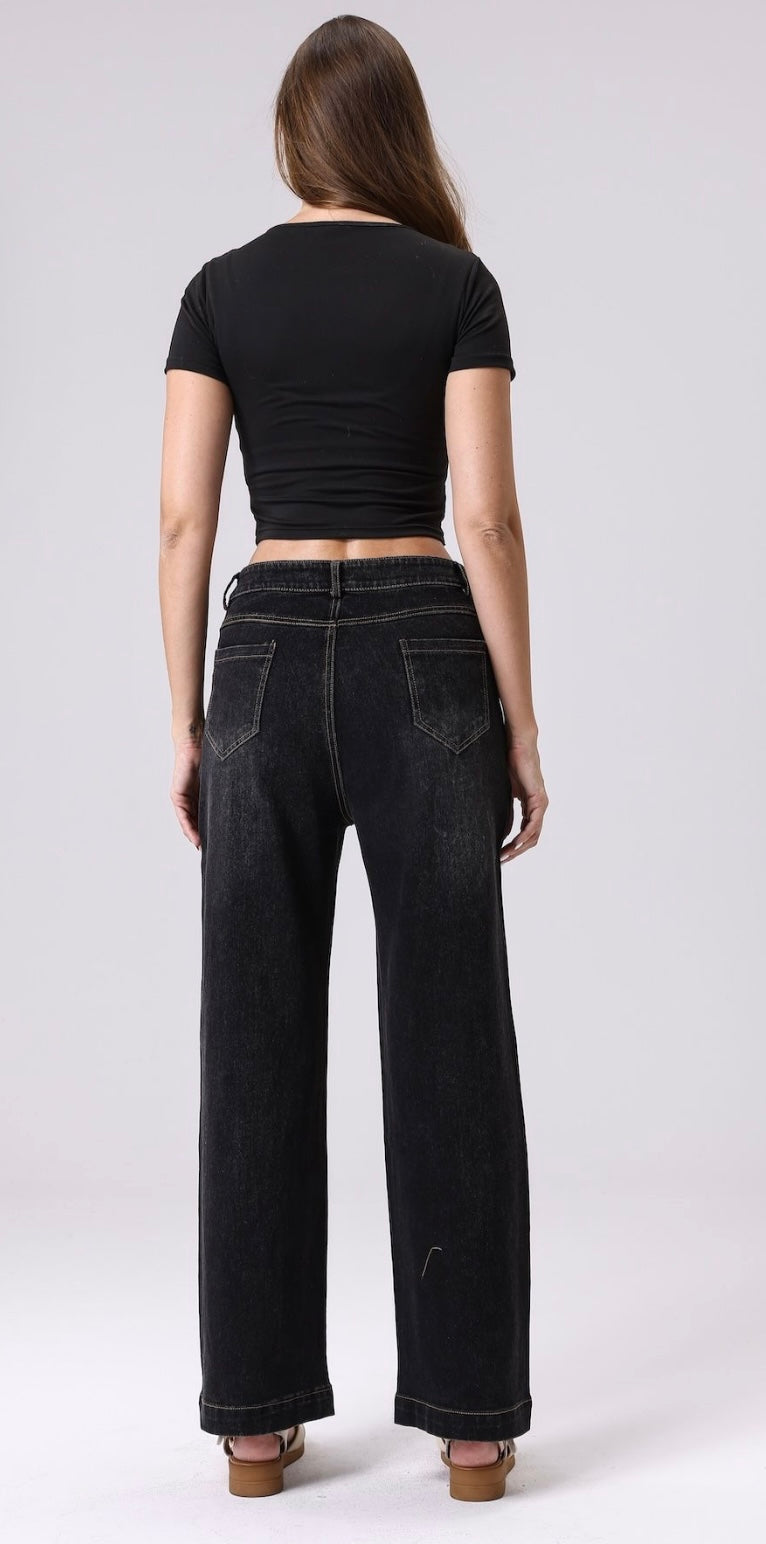 High Rise Wide Leg Denim Jeans - Black