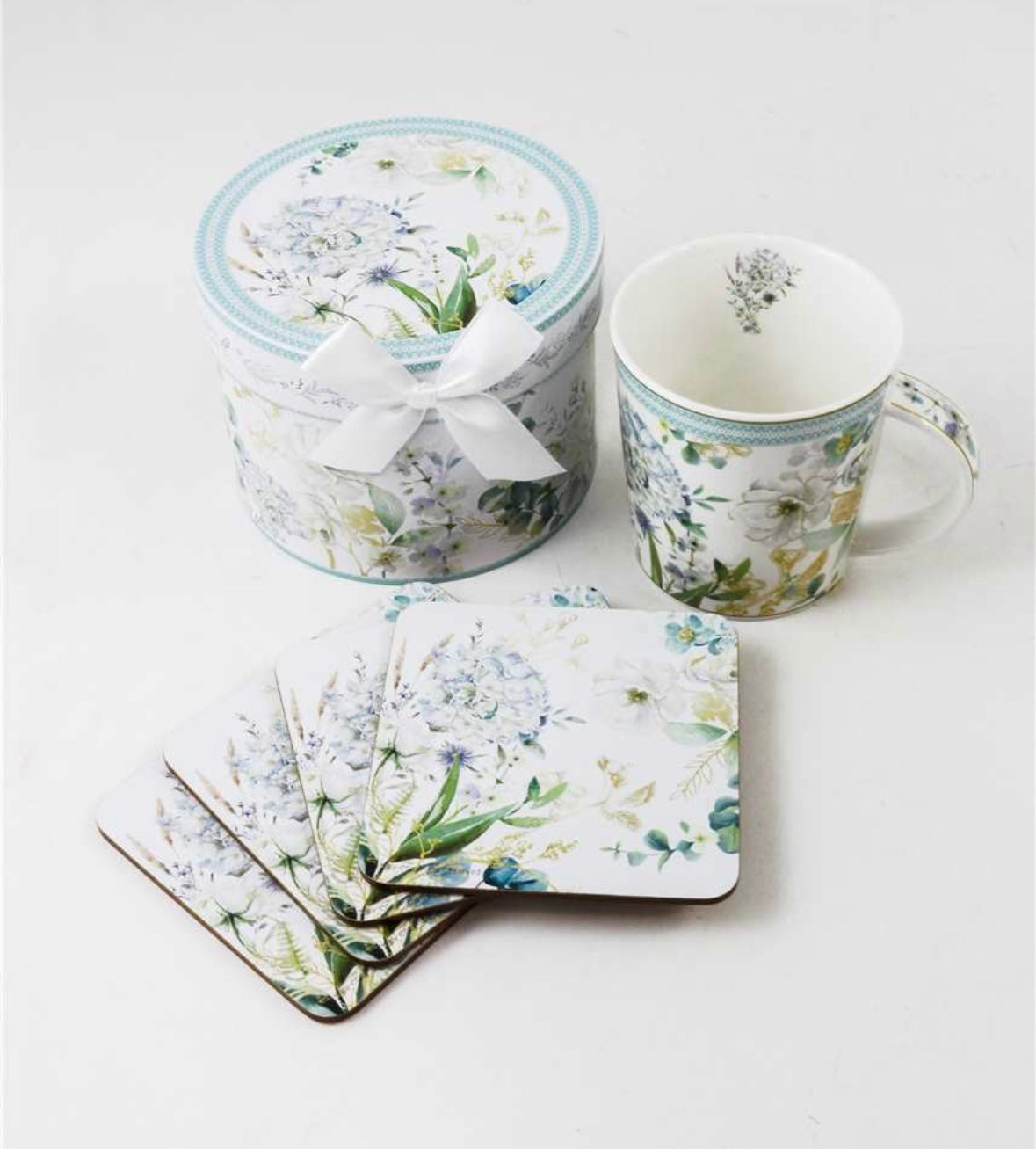 White & Blue Floral Coaster - Set/4