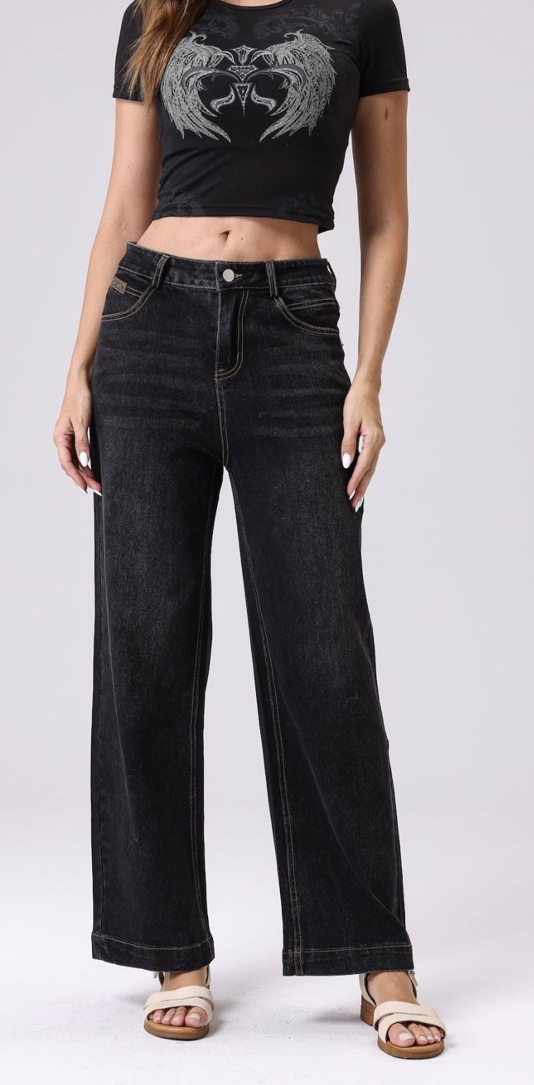 High Rise Wide Leg Denim Jeans - Black