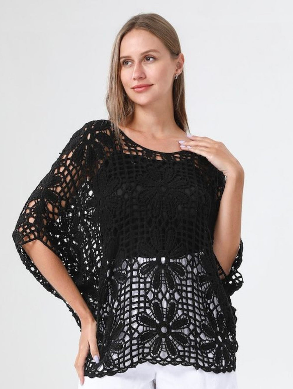 Black Crochet Knit Floral Top One Size