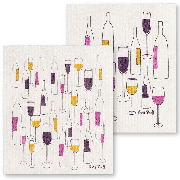 Wine Bottles & Glasses Dishcloths Set/2