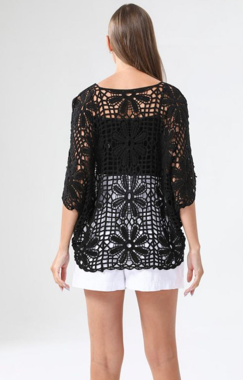 Black Crochet Knit Floral Top One Size