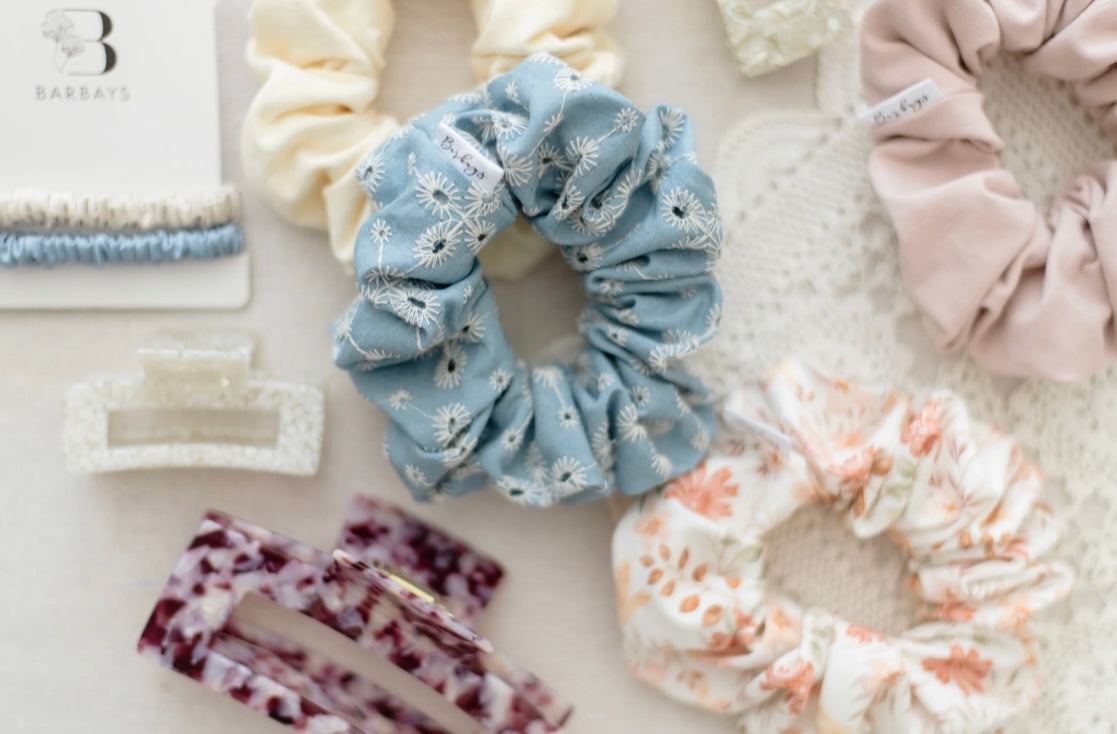 Barbays Floral Embroidered Light Denim Scrunchie