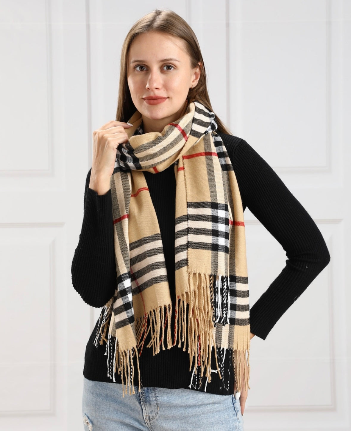 Beige Red & Black Plaid Scarf