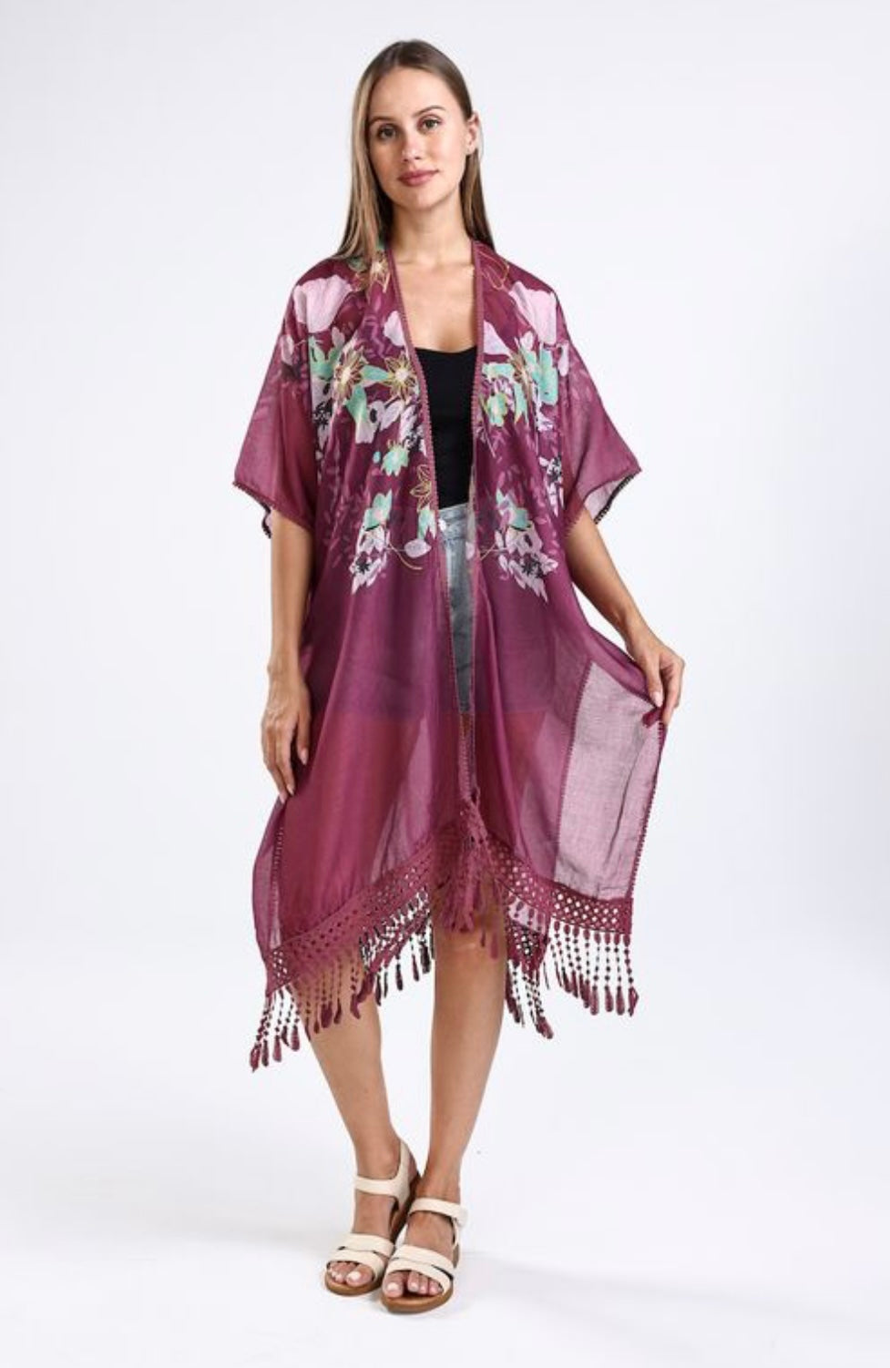 Burgundy Floral Kimono - One Size