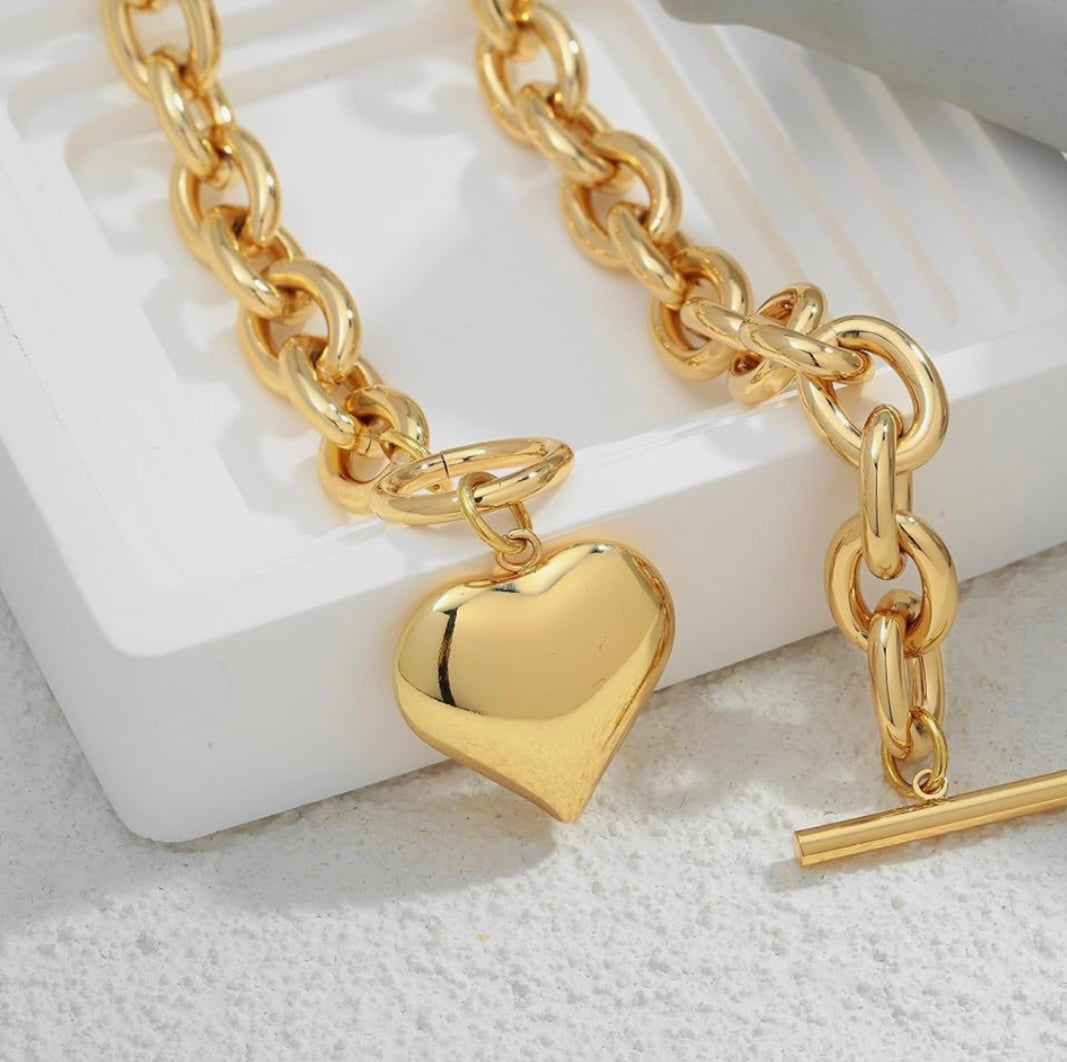 Puffy Heart Chain Choker Necklace - Gold