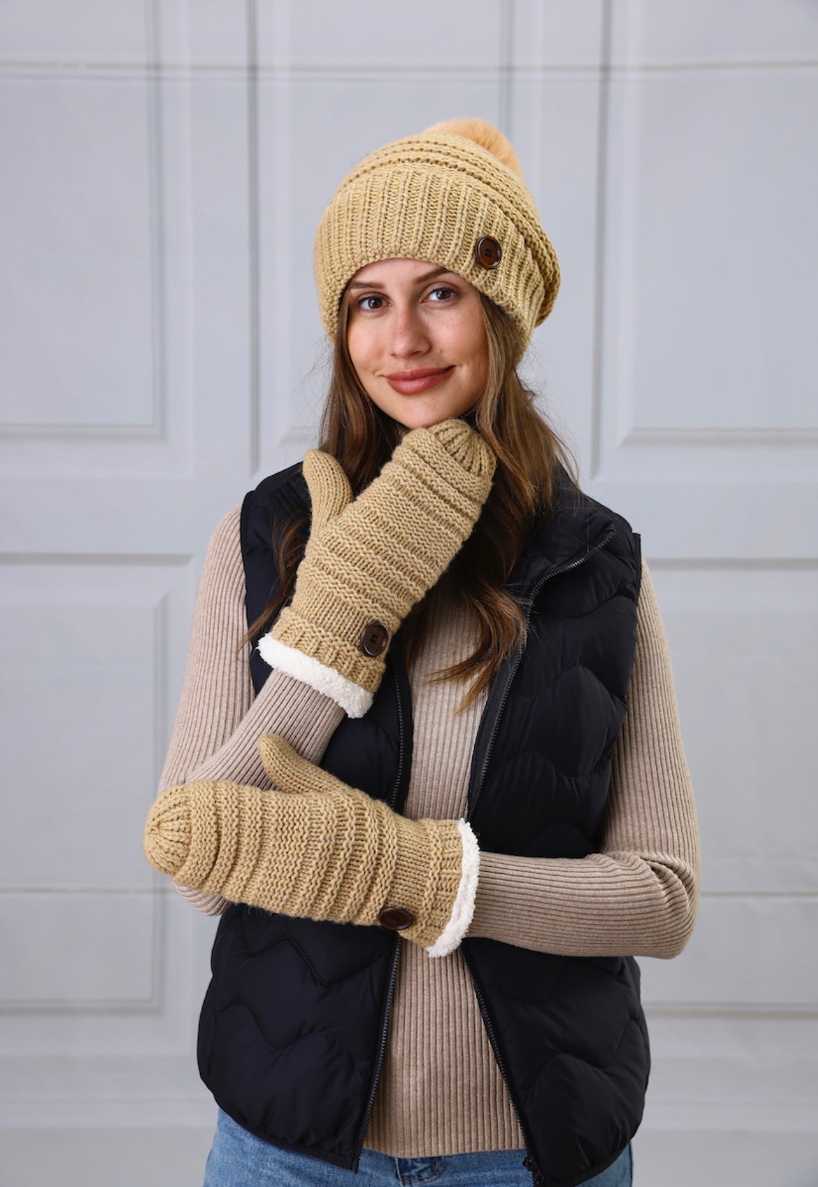 Beige Button Winter Accessories