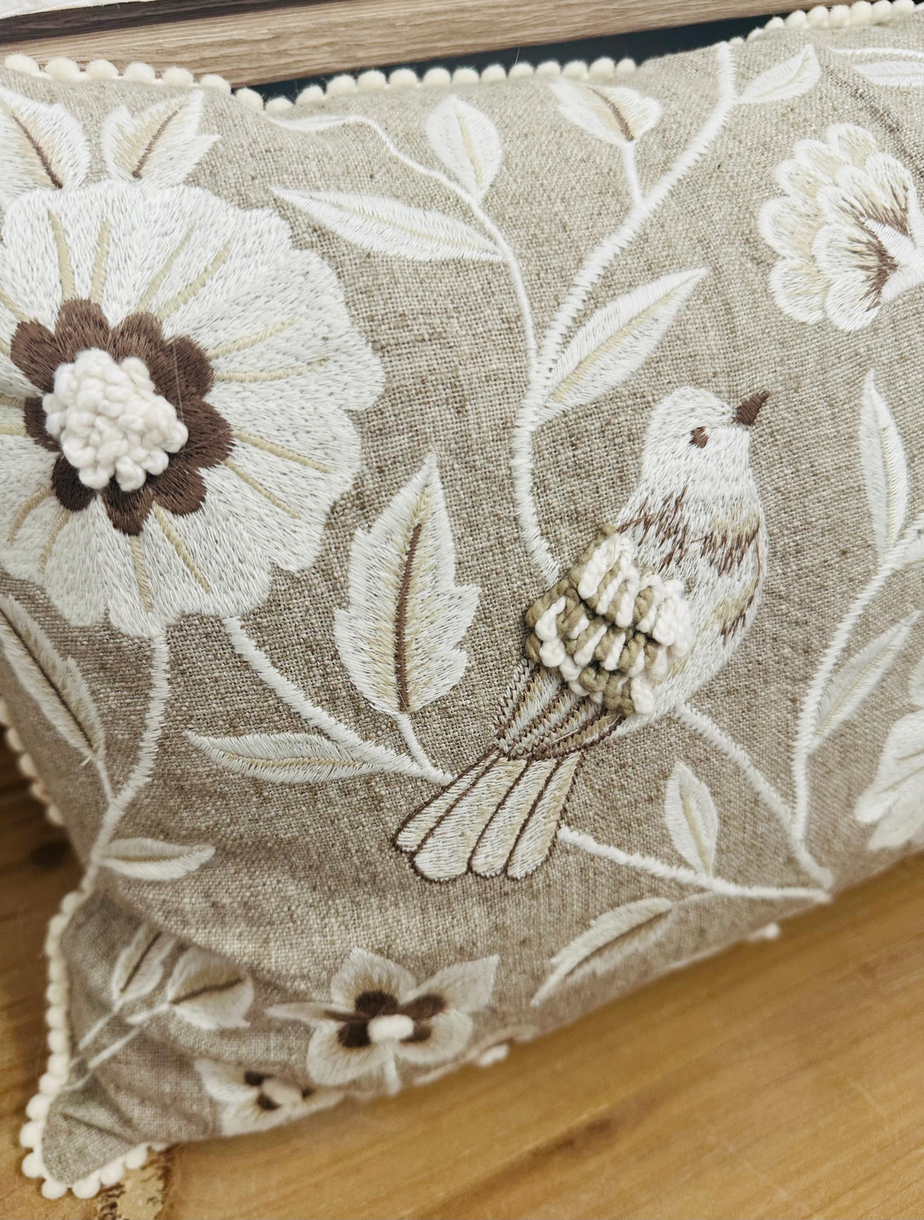 Neutral Fall Floral Pillow with Birds