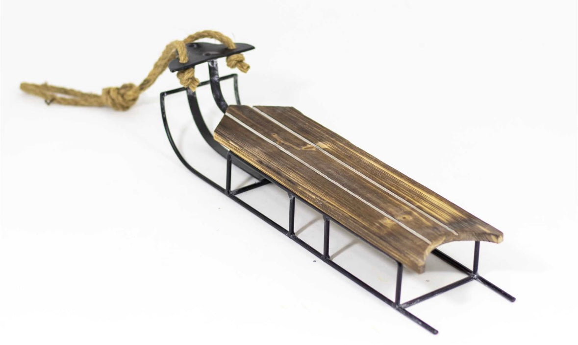 Wooden Brown Sled Decor w/Rope