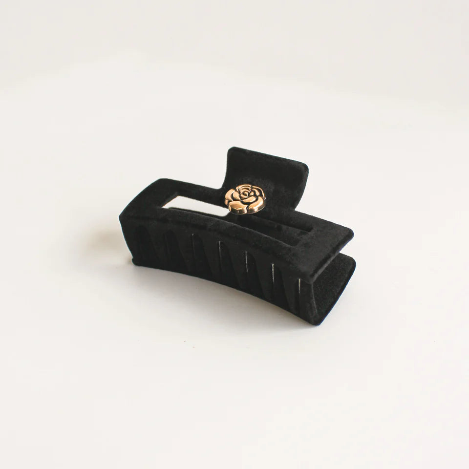 Black Velvet Hair Clip & Gold Flower