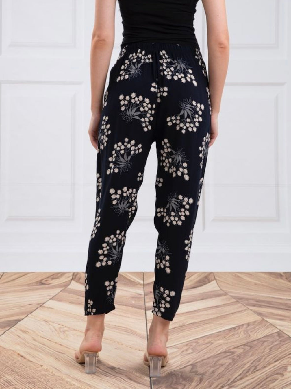 Black & Cream One-Size Floral Pants