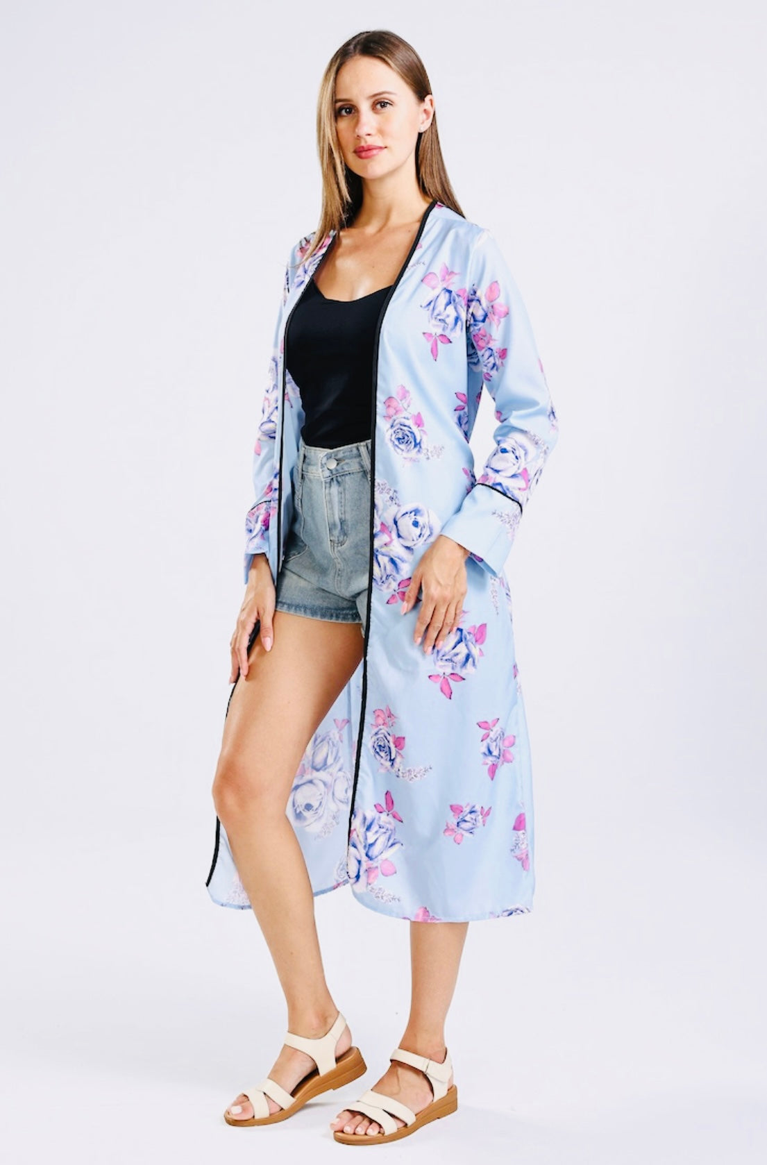 Light Blue Floral Kimono - One Size