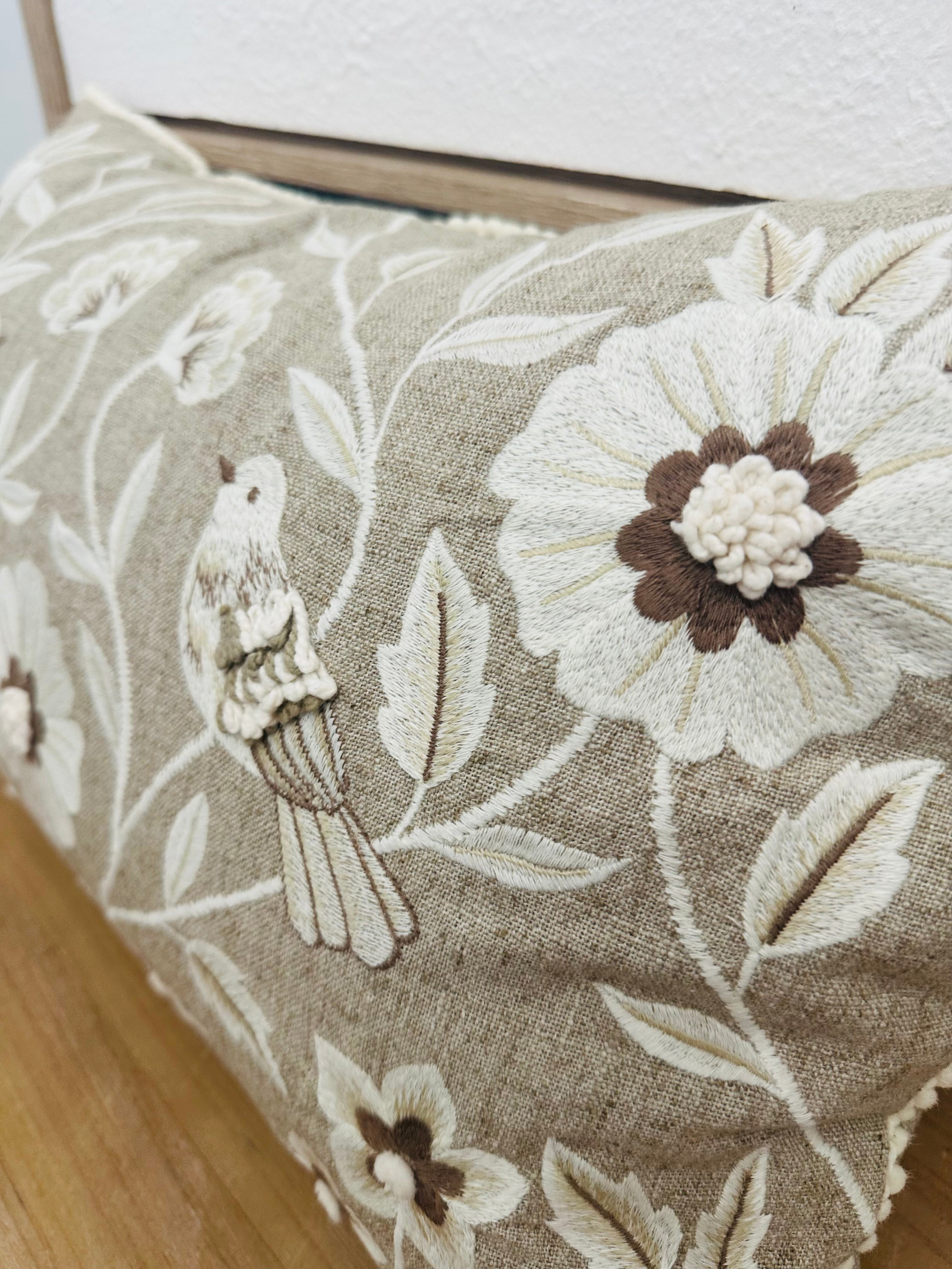 Neutral Fall Floral Pillow with Birds
