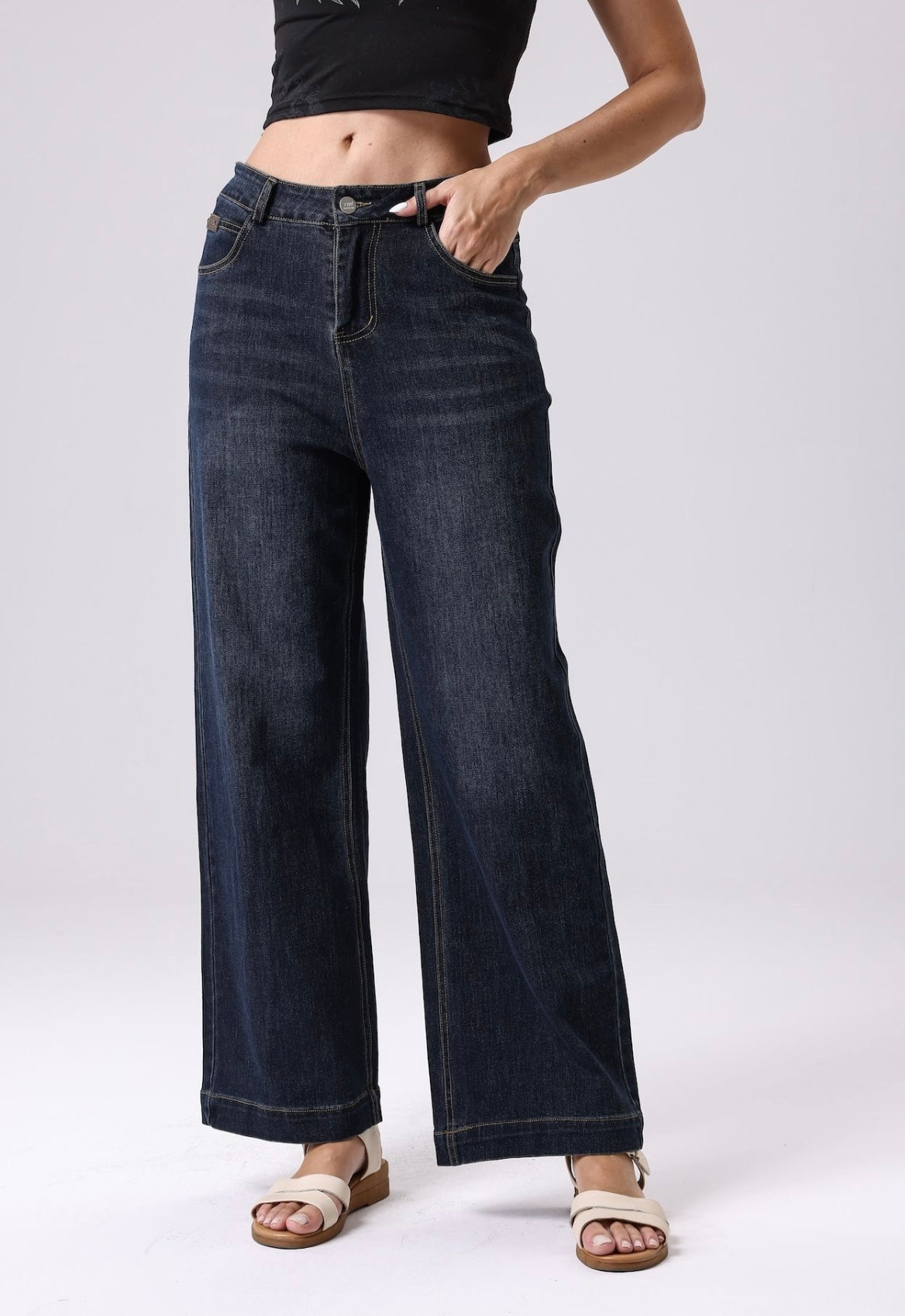 High Rise Wide Leg Denim Jeans - Navy
