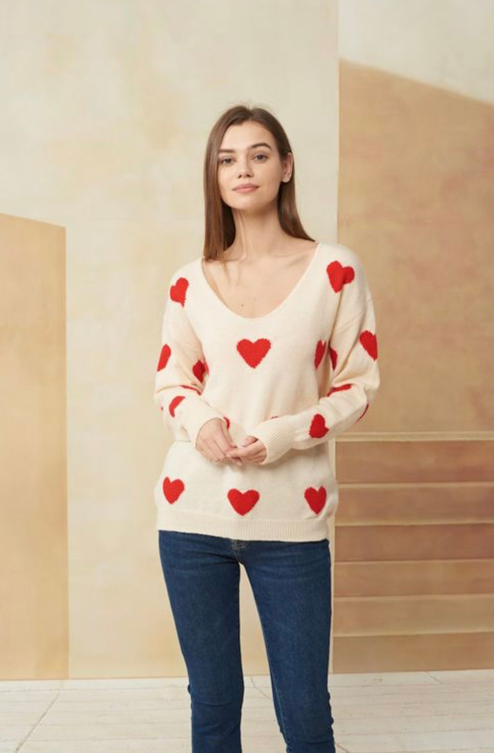 Beige & Red Heart Sweater - One Size