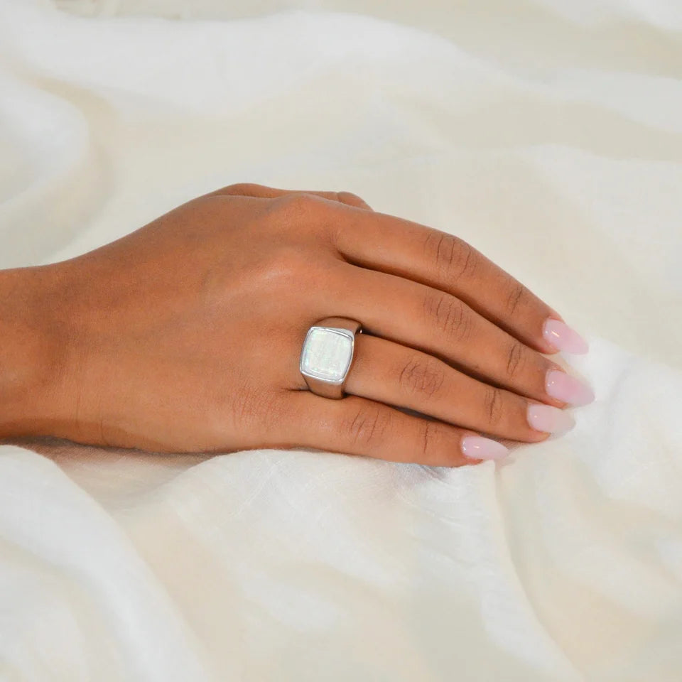 White Resin Square Silver Stretch Ring