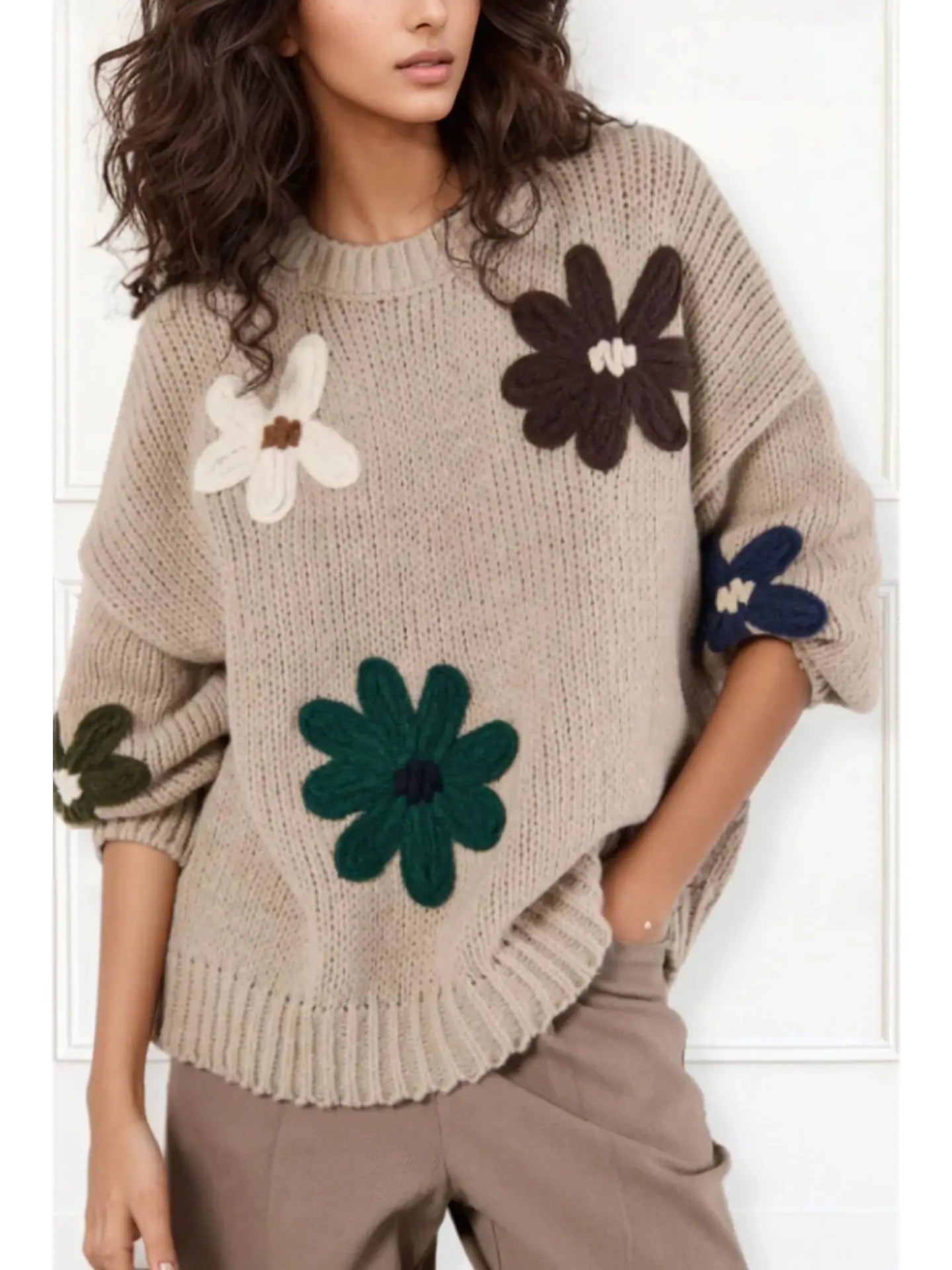 Tamara Floral Knit Sweater - Beige