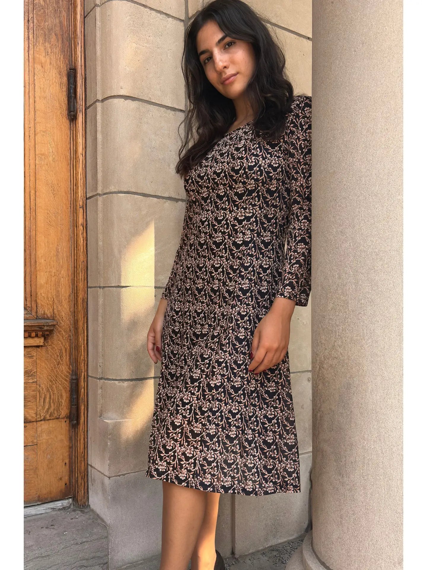 Audrey Black Dress Beige Floral