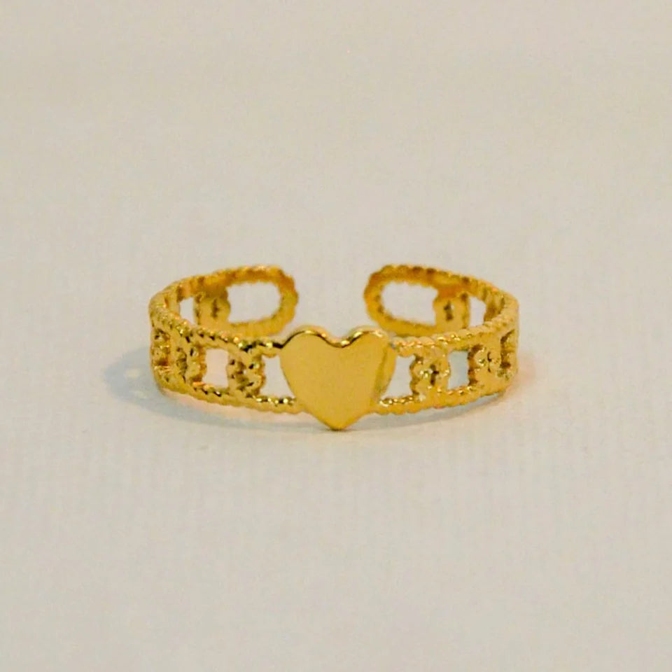 Heart Chain Link Adjustable Ring - Gold