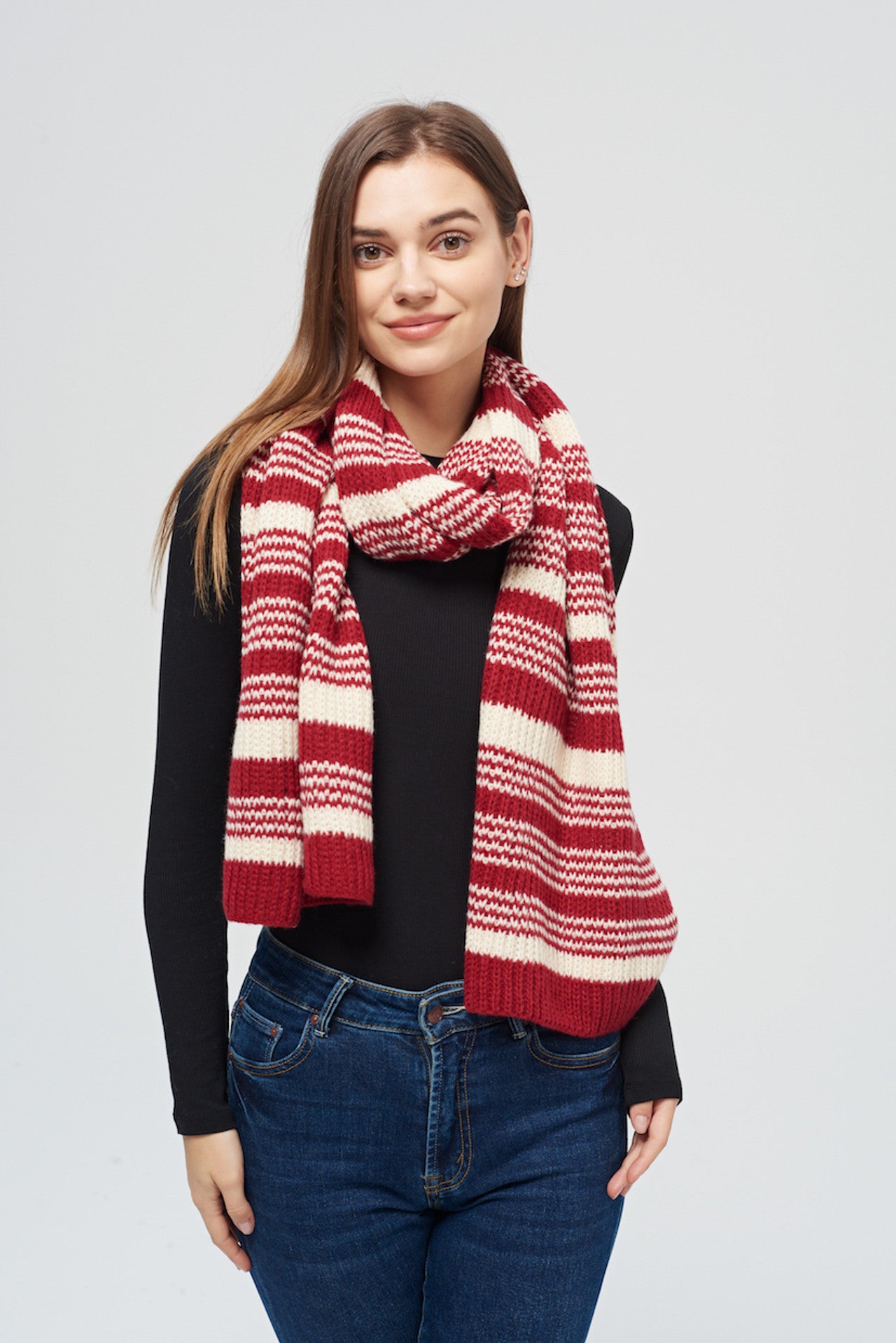 Rib Knit Scarf - Red & White Stripe