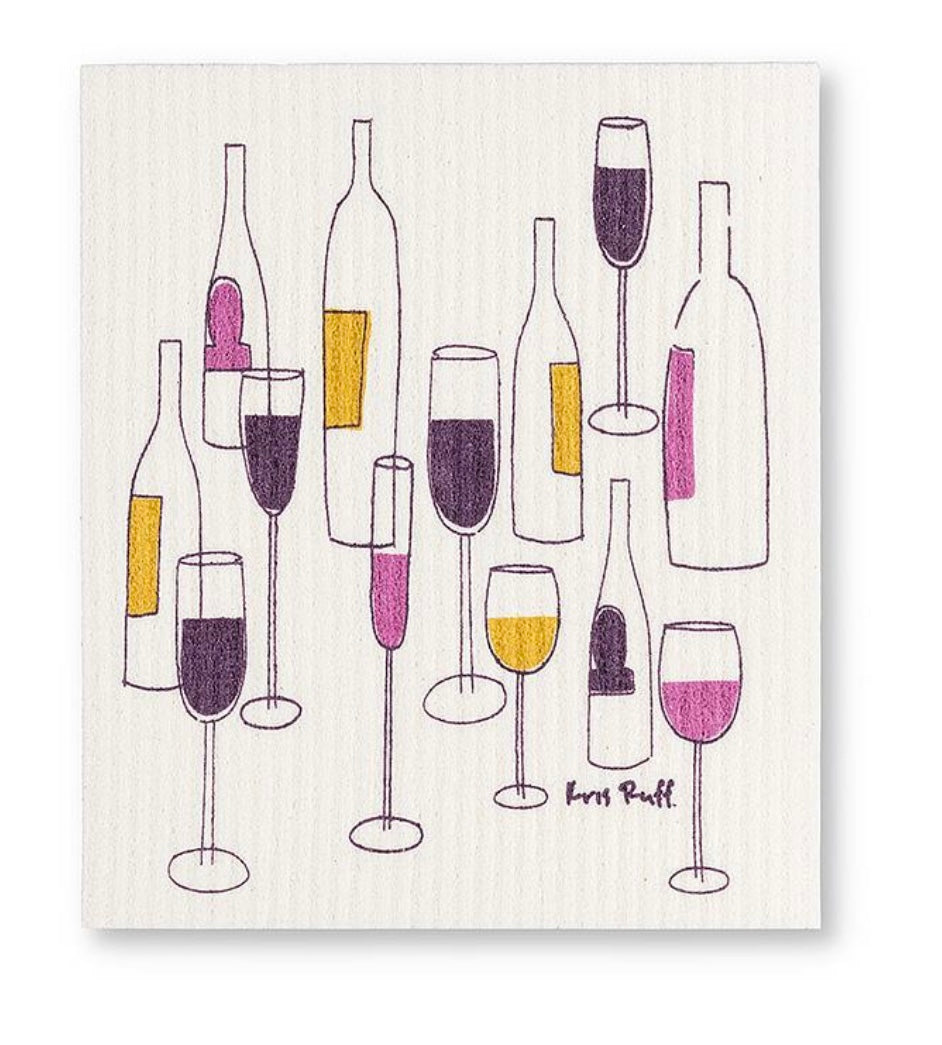 Wine Bottles & Glasses Dishcloths Set/2