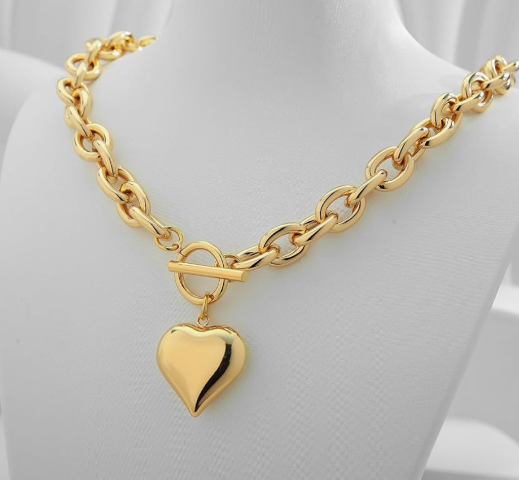 Puffy Heart Chain Choker Necklace - Gold