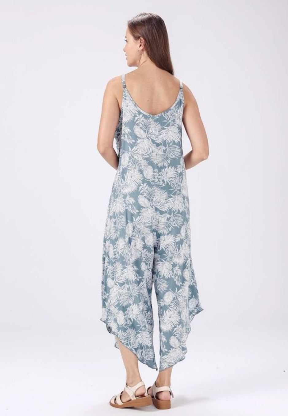 Light Teal Floral Leaf Jumpsuit - One Size