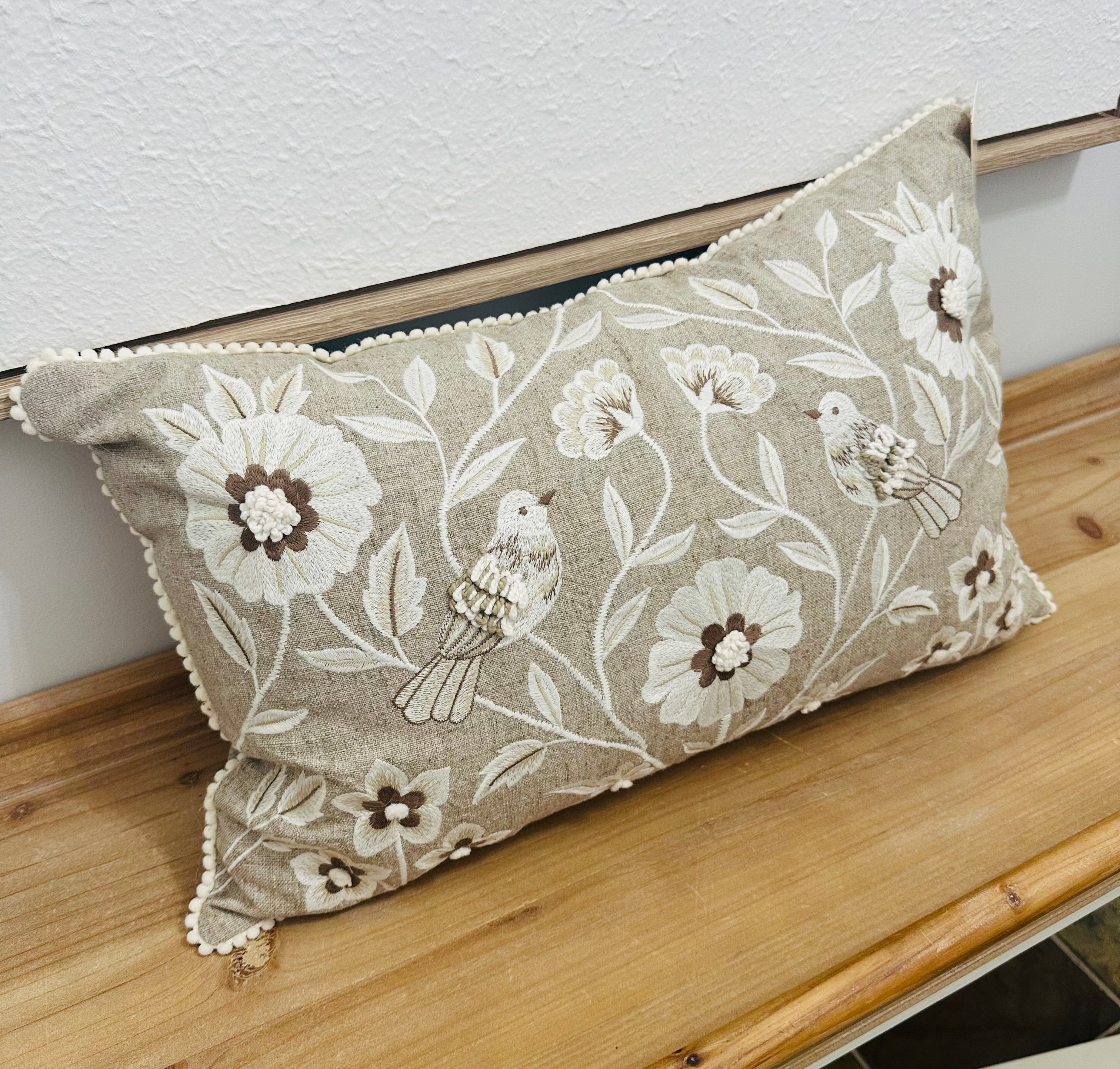 Neutral Fall Floral Pillow with Birds