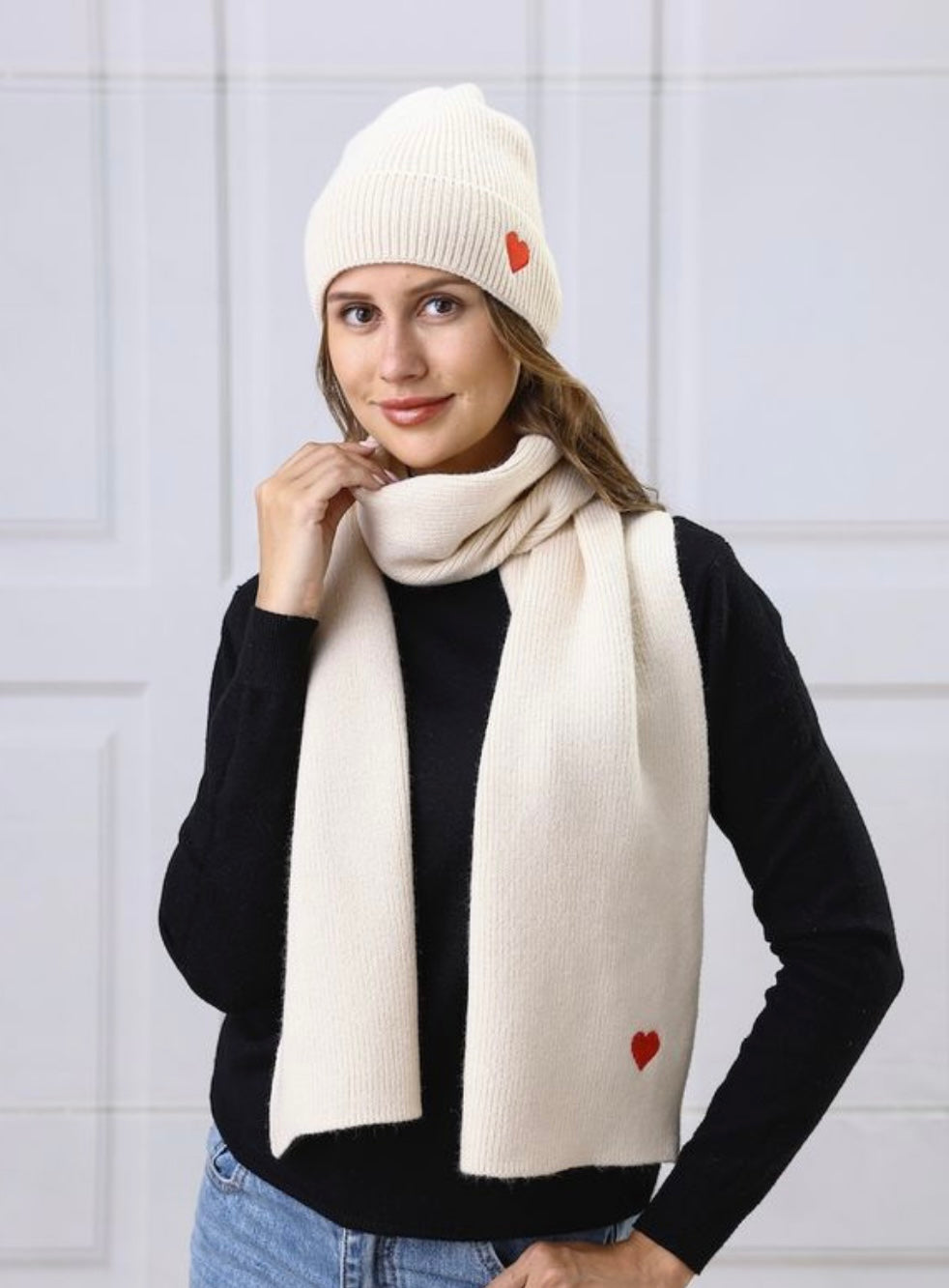 Beige & Red Heart Winter Accessories