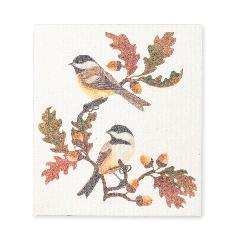 Chickadees & Oak Leaves Swedish Dish Cloth