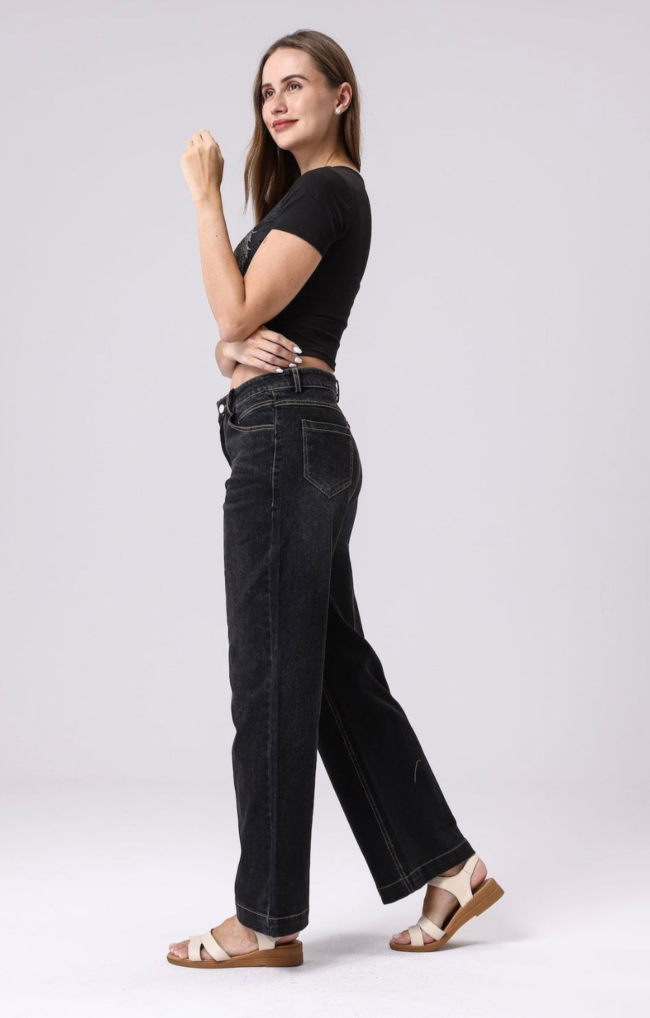 High Rise Wide Leg Denim Jeans - Black