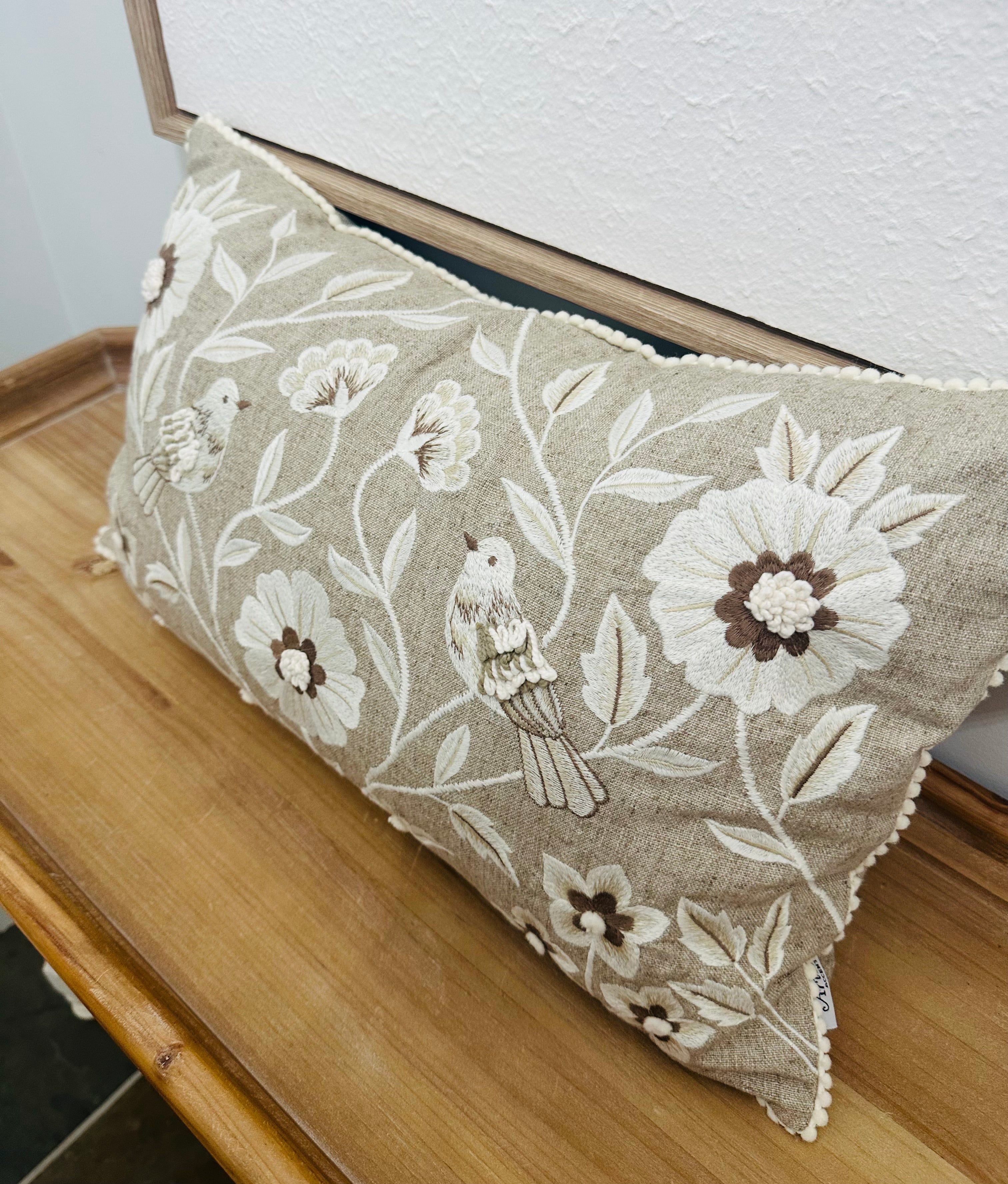 Neutral Fall Floral Pillow with Birds