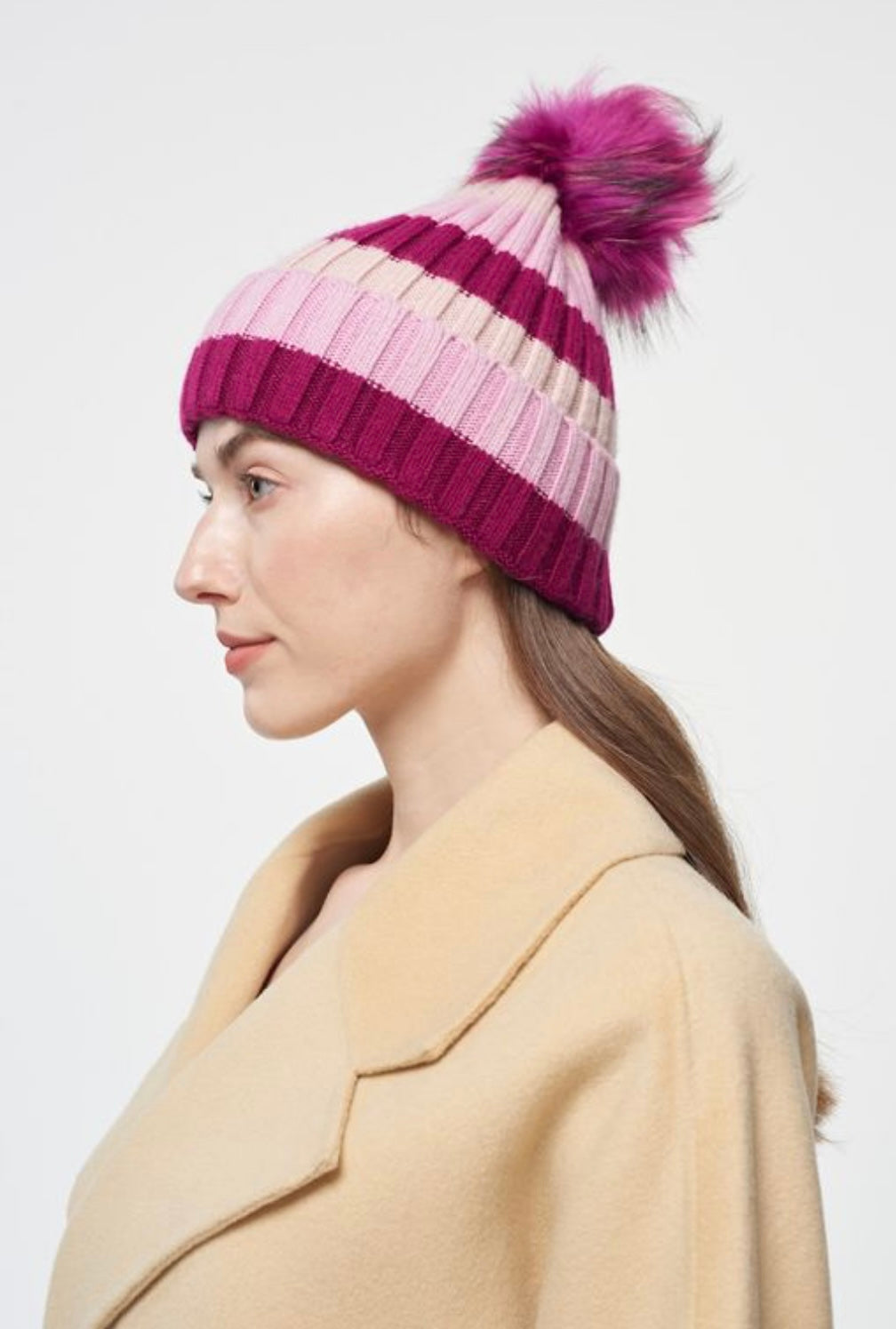 Cashmere Striped Pom Pom Hat