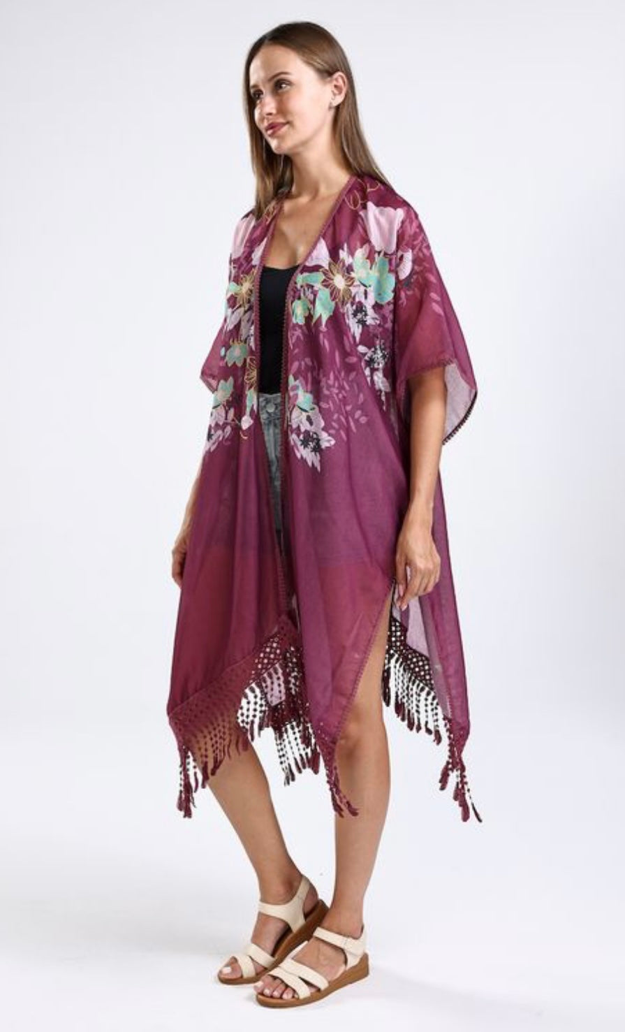 Burgundy Floral Kimono - One Size