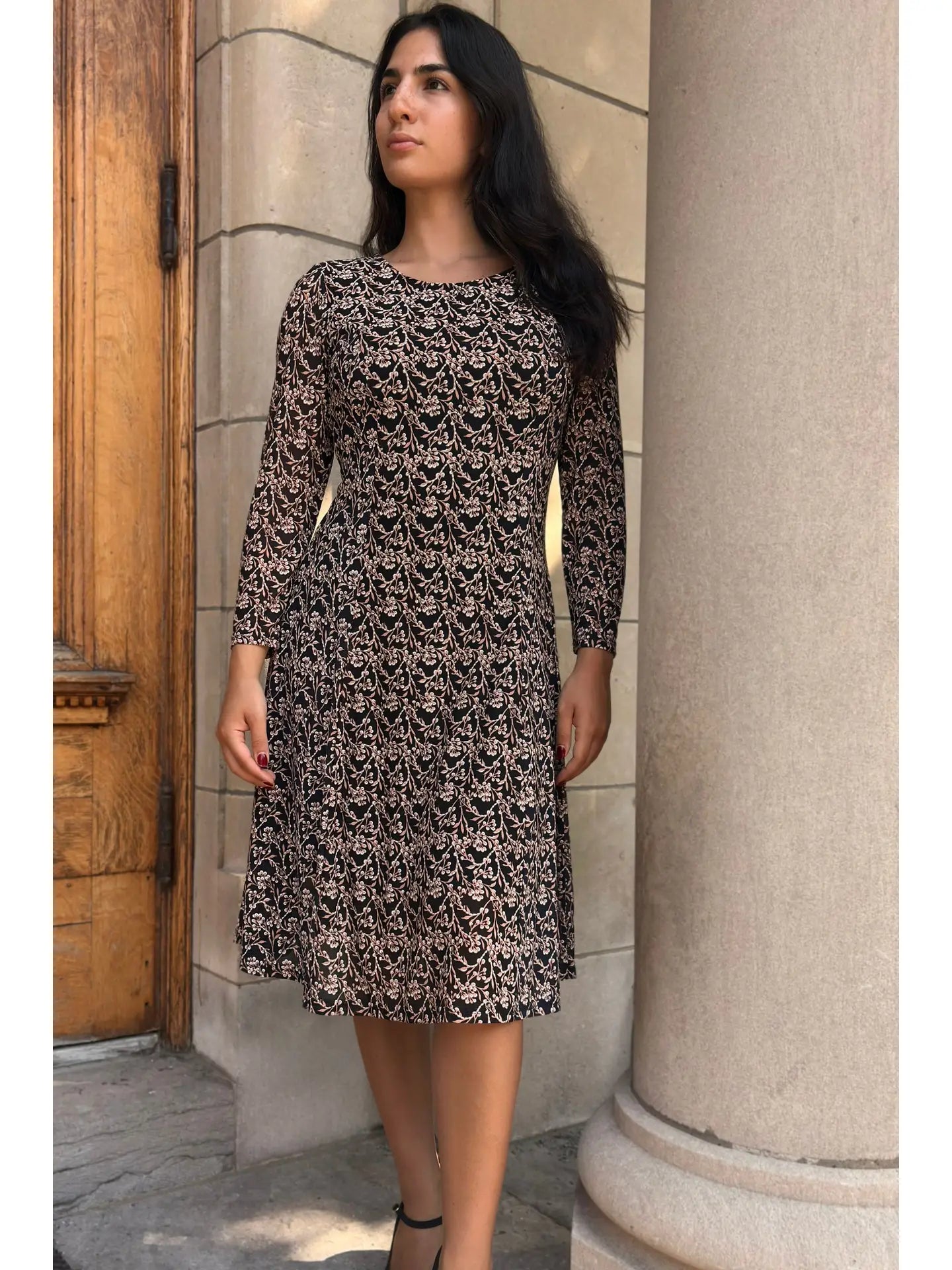 Audrey Black Dress Beige Floral