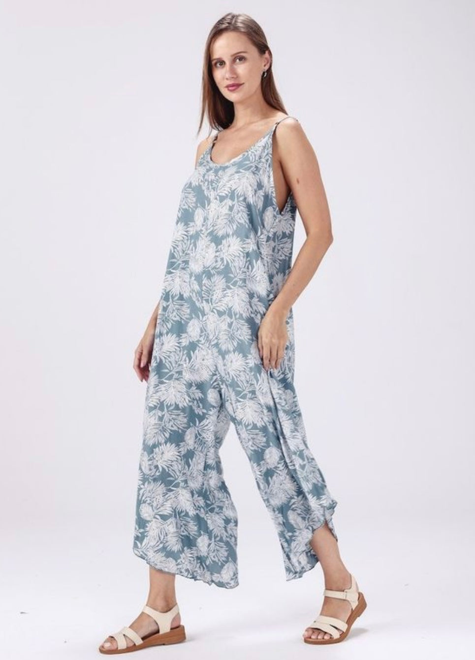 Light Teal Floral Leaf Jumpsuit - One Size