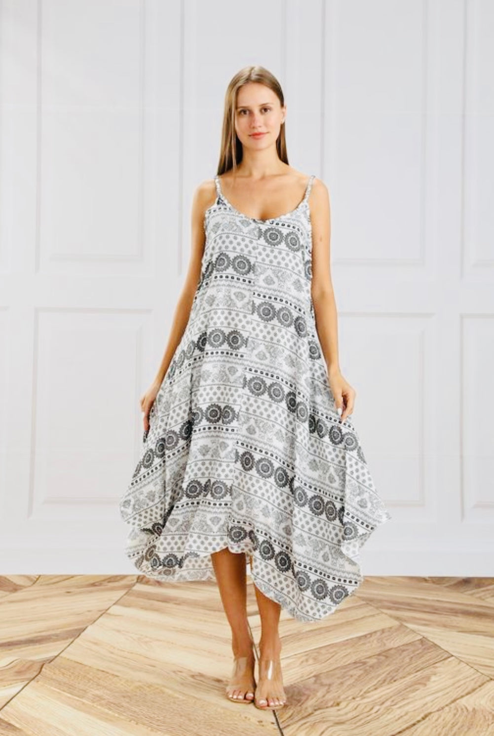 White & Black Circle Print Dress - One Size