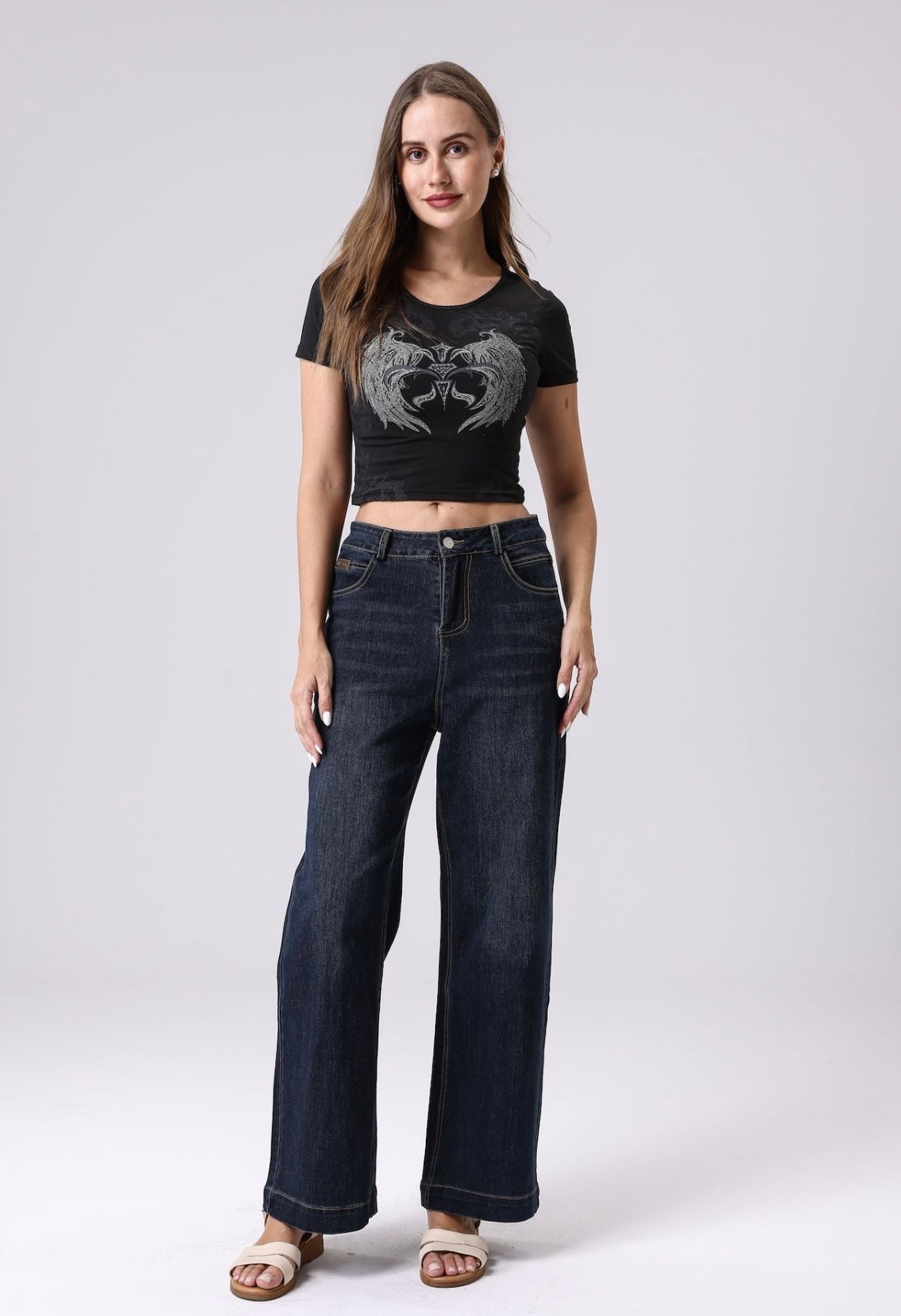 High Rise Wide Leg Denim Jeans - Navy