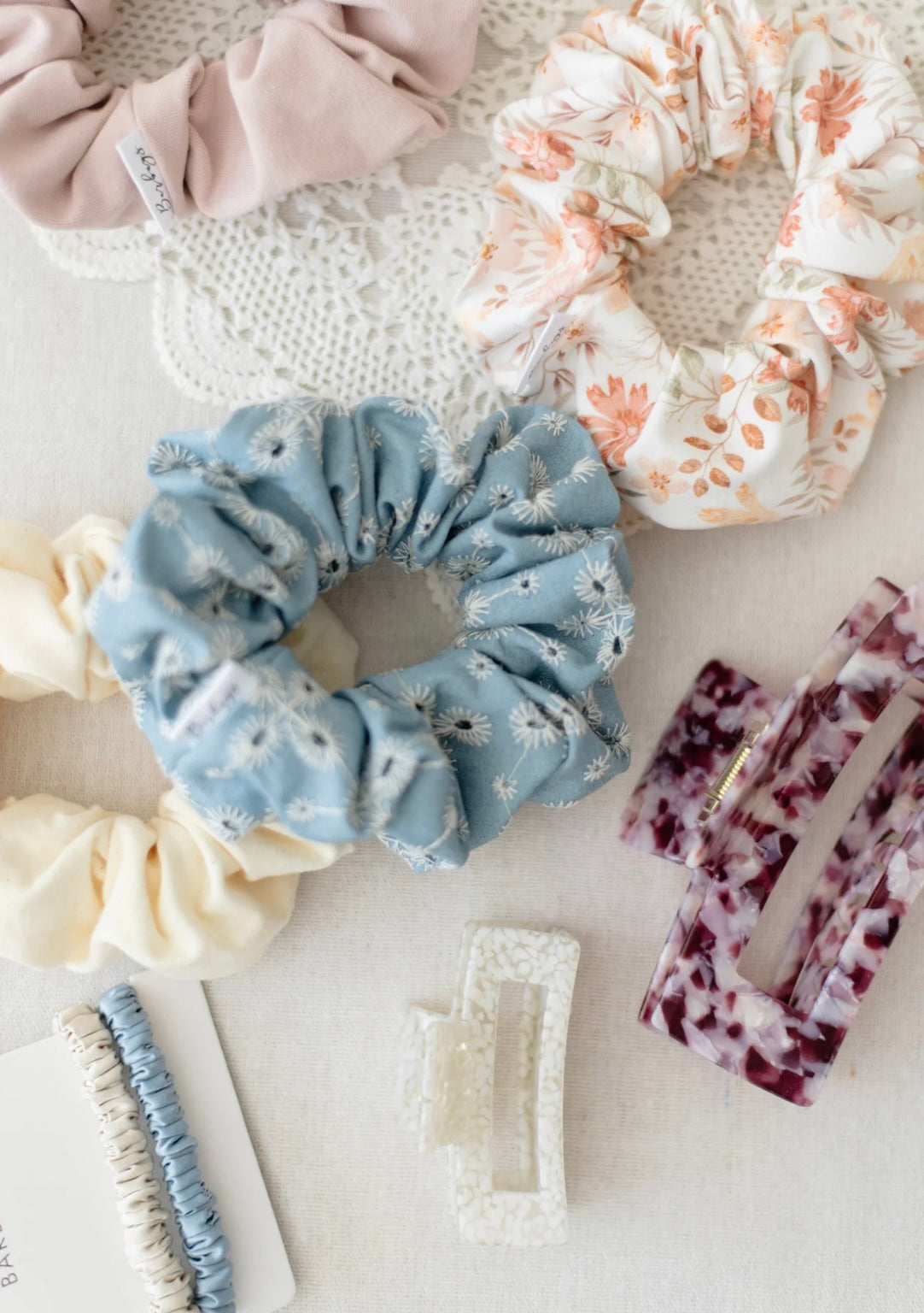 Barbays Floral Embroidered Light Denim Scrunchie