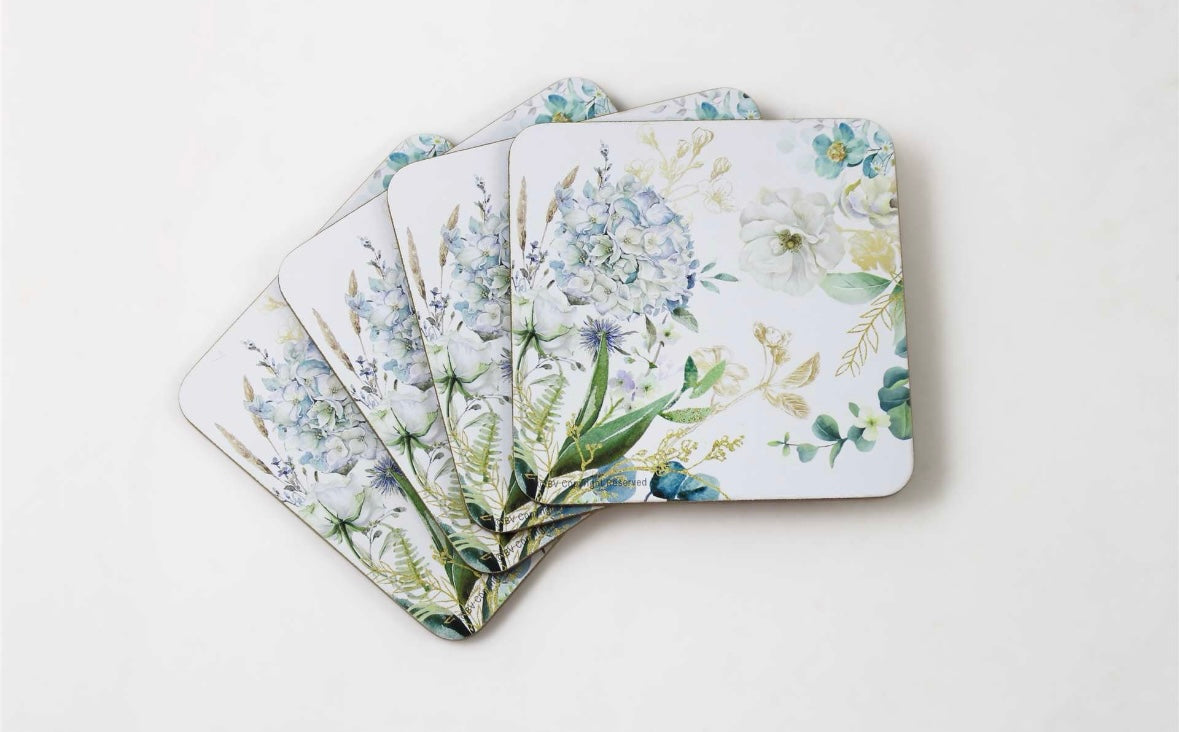 White & Blue Floral Coaster - Set/4